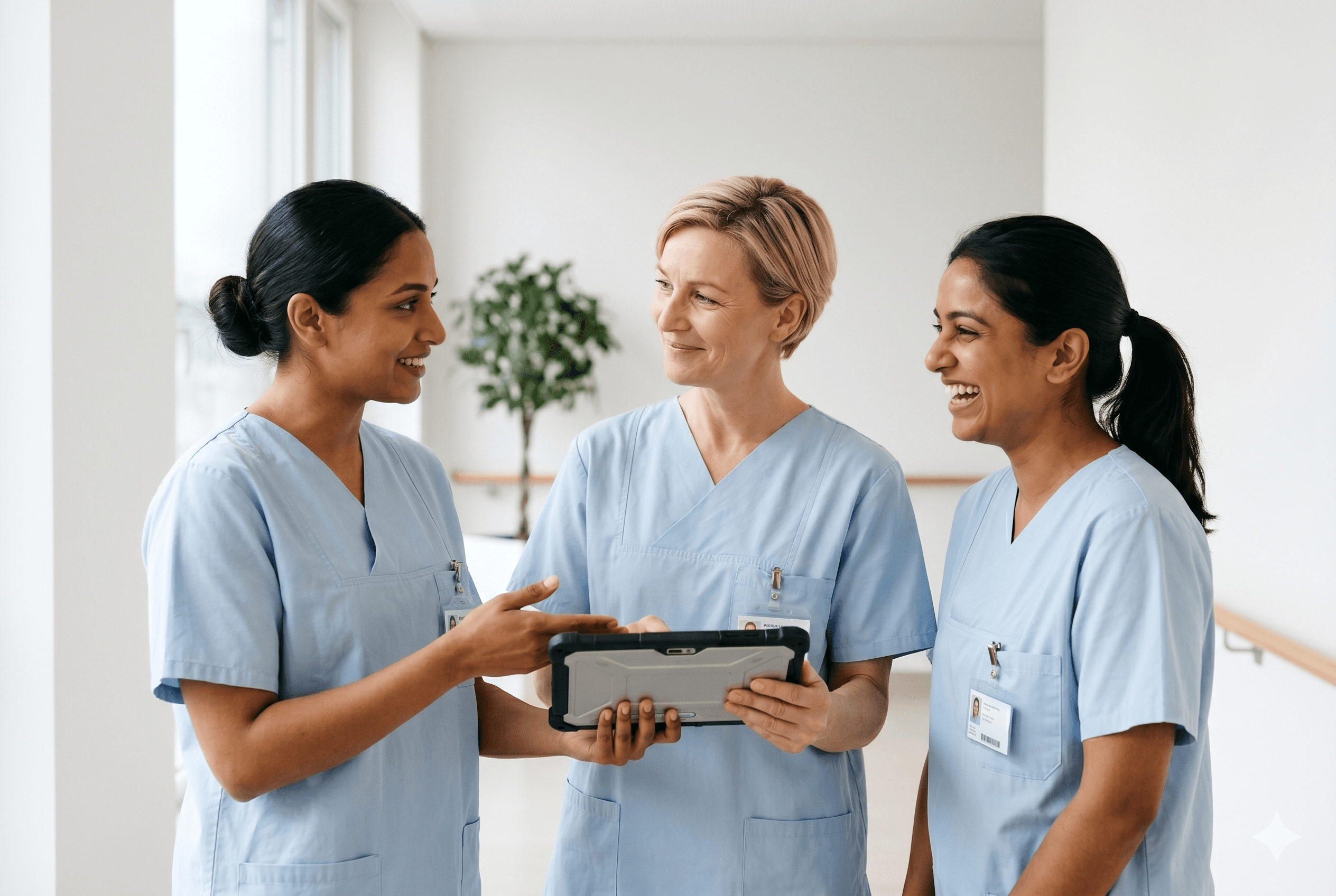 Three nursing professionals from India and Germany reviewing a patient case on a tablet